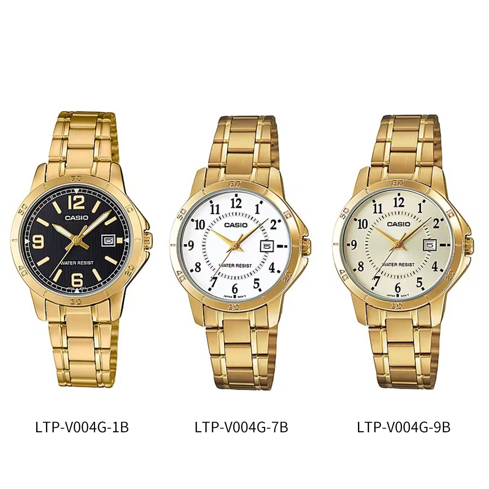 【CASIO 卡西歐】LTP-V004G 文青小款 圓圈時尚簡約數字 日期顯示 金色鋼帶 對錶 腕錶 手錶