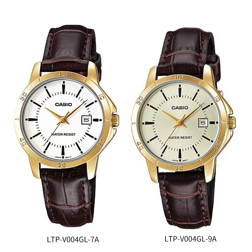 【CASIO 卡西歐】LTP-V004GL 文青無字小款 時尚簡約輕巧 日期顯示 皮革錶帶 對錶 腕錶 手錶
