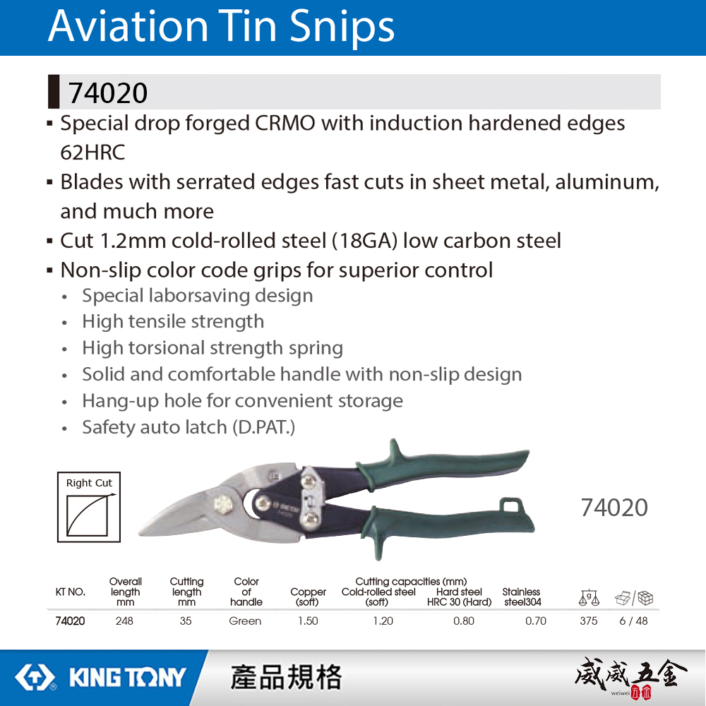 KING TONY 金統立 台灣製｜綠色右彎-鐵皮剪刀 省力設計航空用鐵皮剪 薄不銹鋼 鐵皮剪｜74020