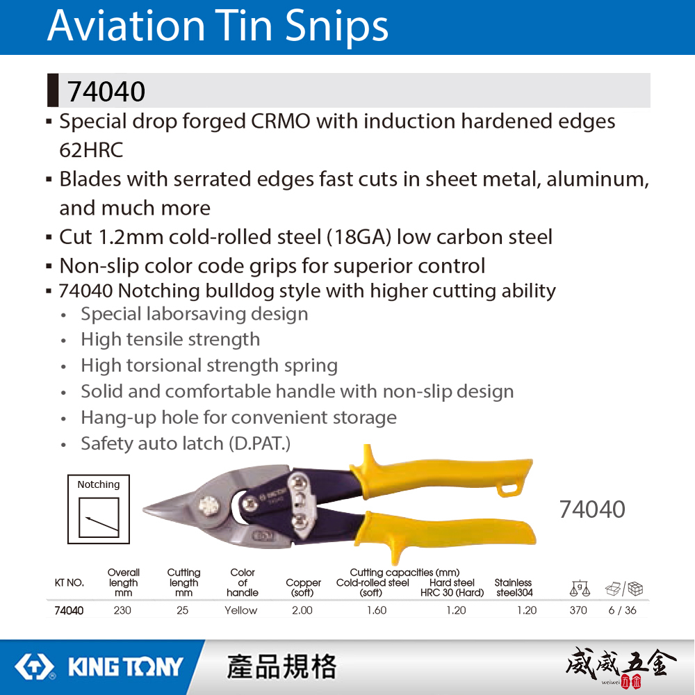 KING TONY 金統立 台灣製｜黃色短直刃-鐵皮剪刀 省力設計航空用鐵皮剪 薄不銹鋼 鐵皮剪｜74040