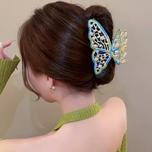 Hollow Butterfly Pearl Crystal Large Hair Claw