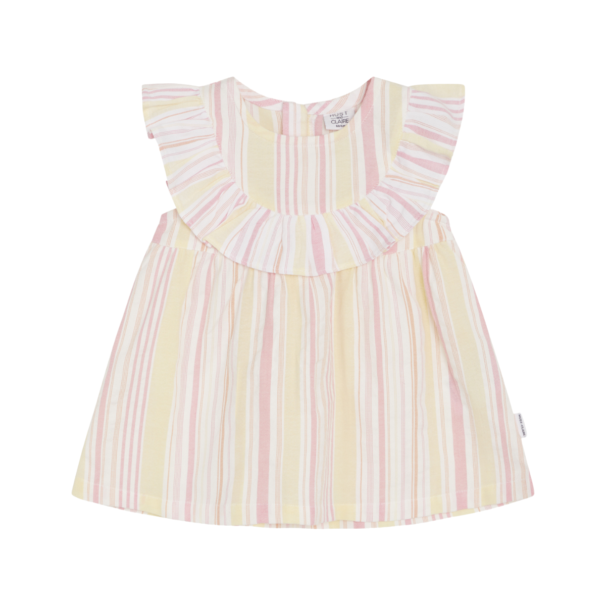 〖 Hust & Claire 〗粉黃條紋荷葉領洋裝