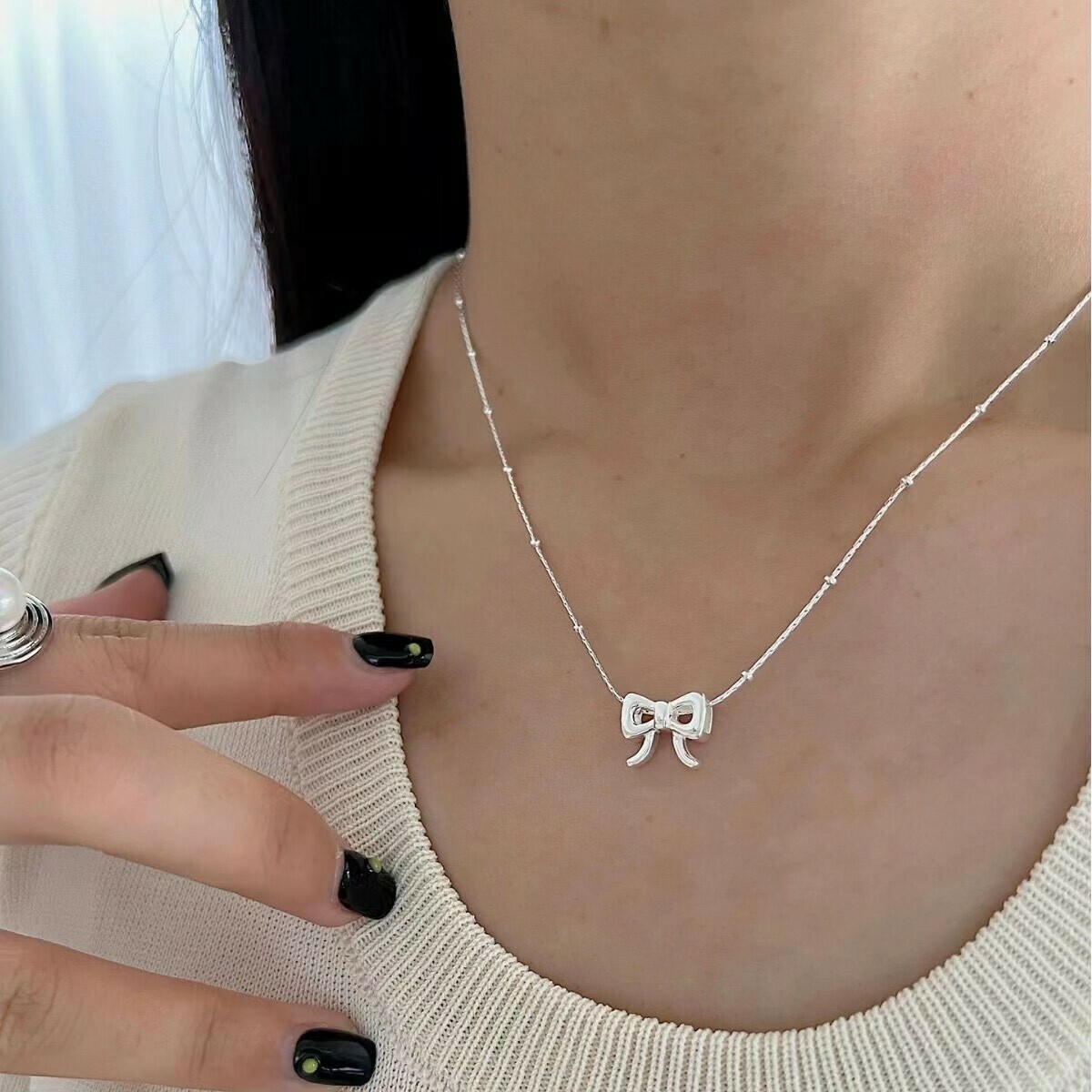 B07立體蝴蝶結純銀珠鍊