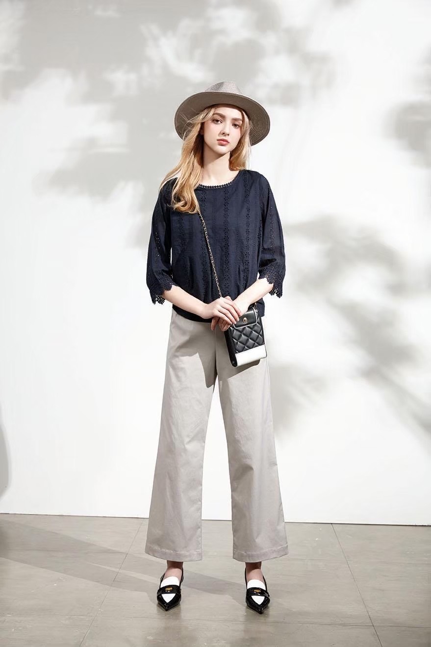 韓版OL甜美氣質綉花棉質七分袖修身上衣U6572