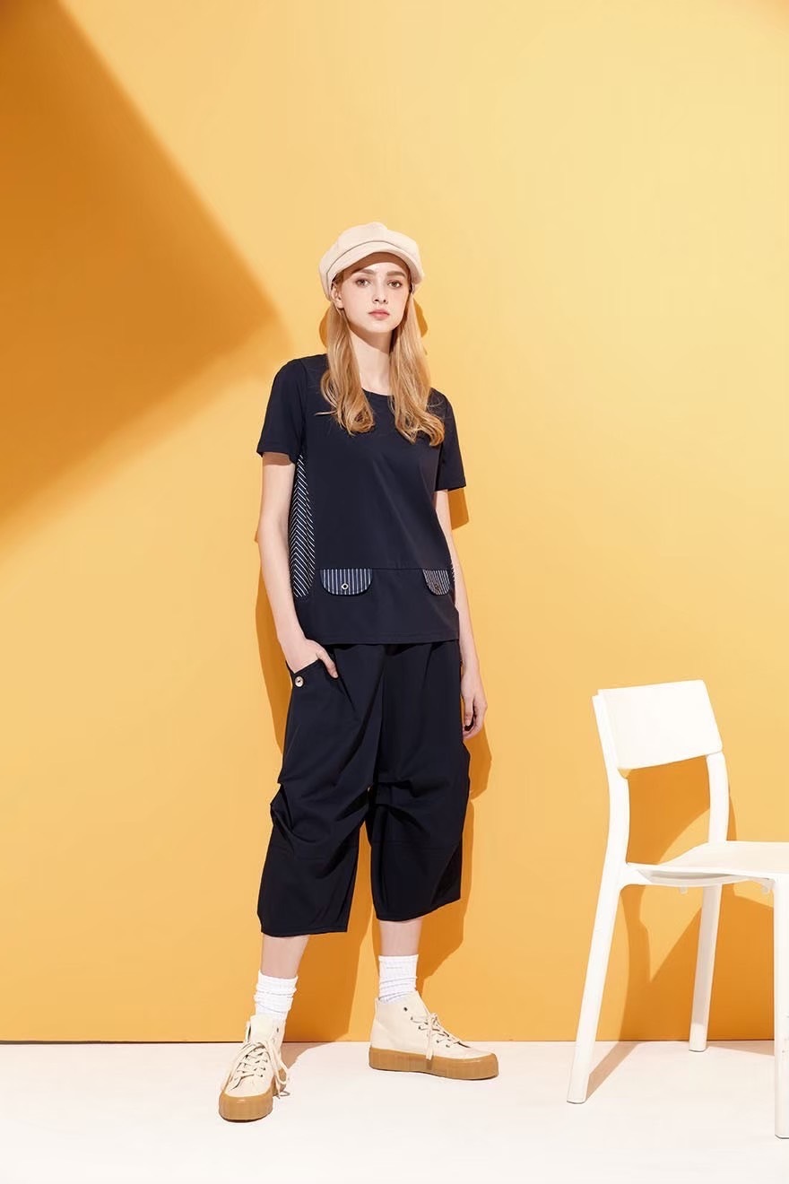 韓版純色條紋拼接袋蓋造型修身剪裁棉T上衣U6661