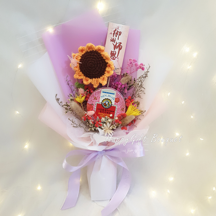 單入京都念慈庵潤喉糖花束(加針織花乾燥花)