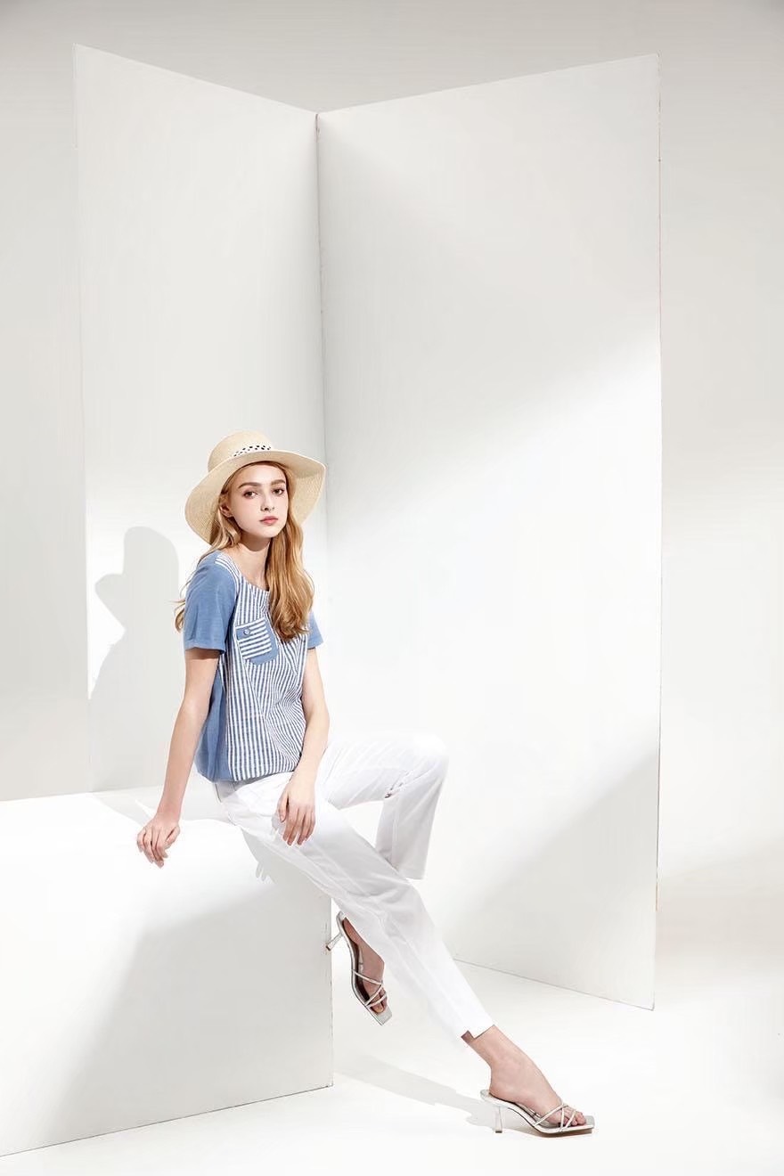 時尚OL質感棉斜邊修身剪裁褲口造型九分褲U6301