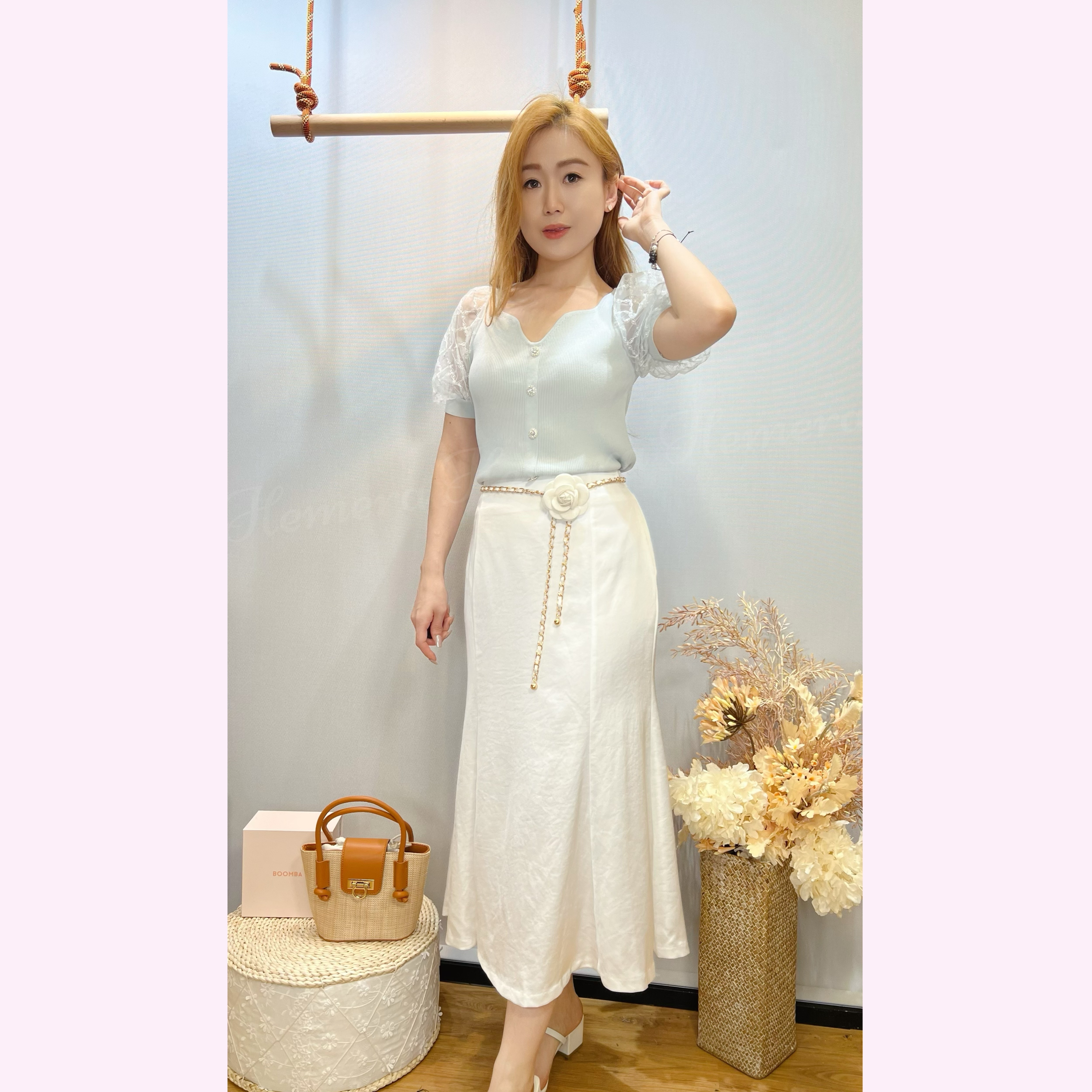 TP24S0633 小香風顯瘦泡泡LACE菱格網紗上身