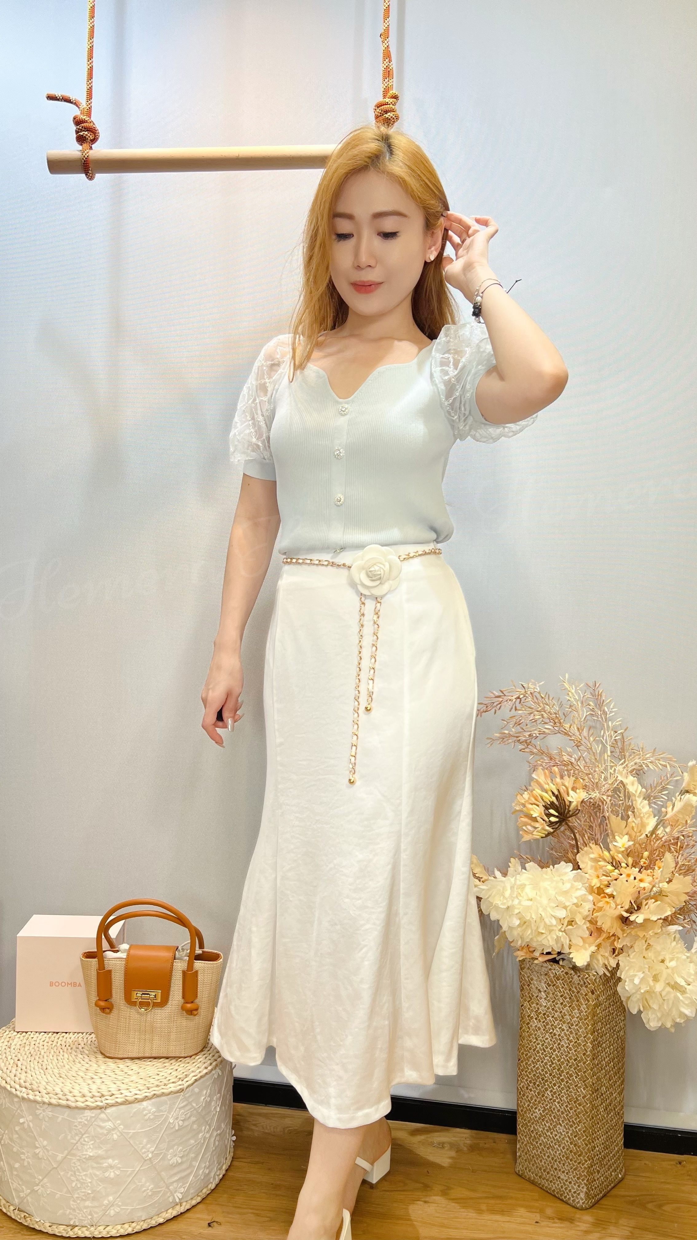 TP24S0633 小香風顯瘦泡泡LACE菱格網紗上身