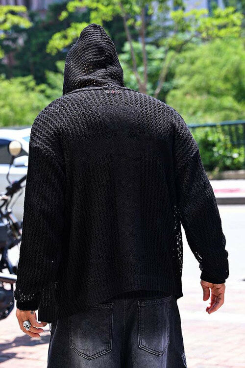 十字架透視針織連帽拉鍊外套