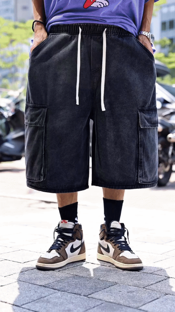 水洗牛仔工裝短褲