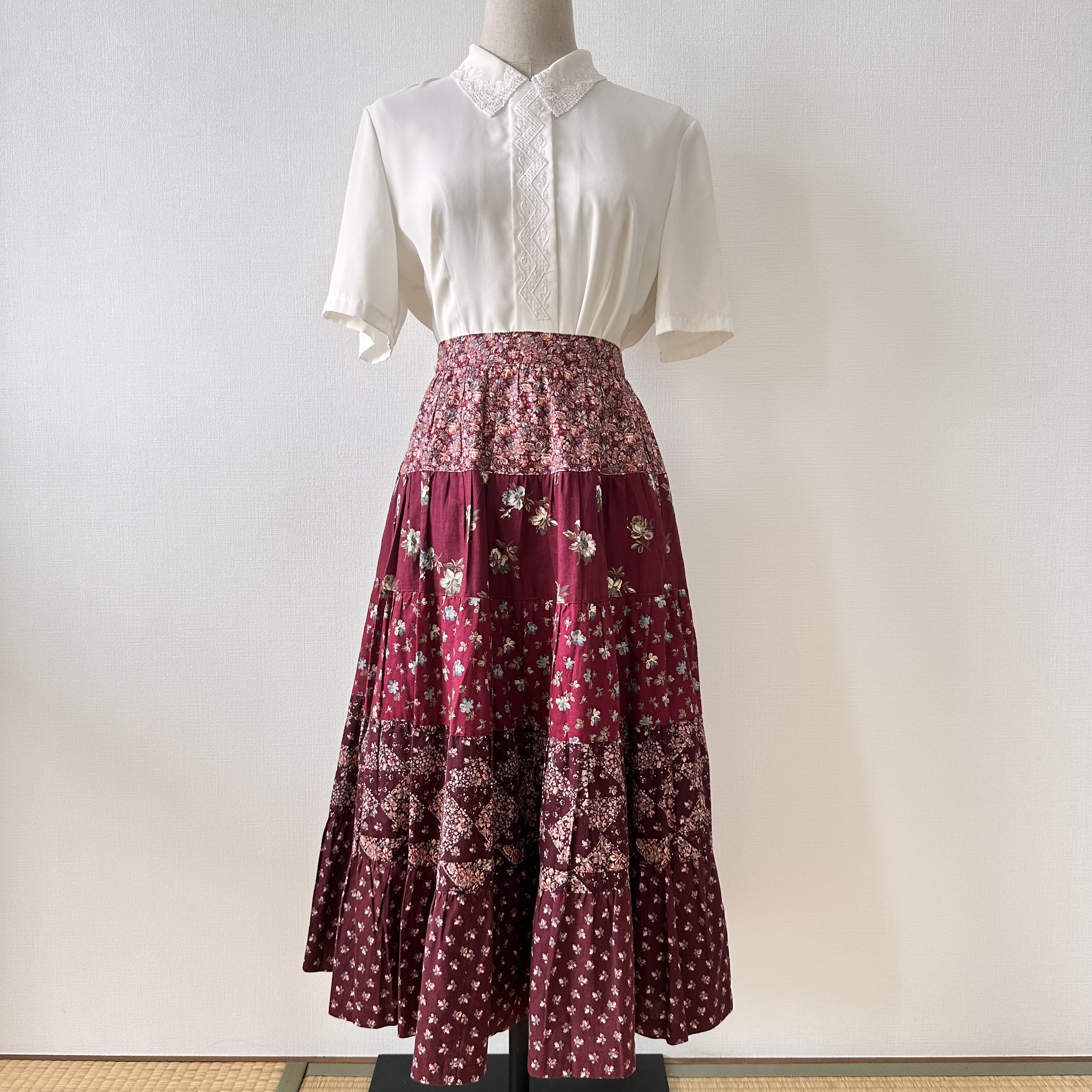 酒紅色民族風拼布傘裙