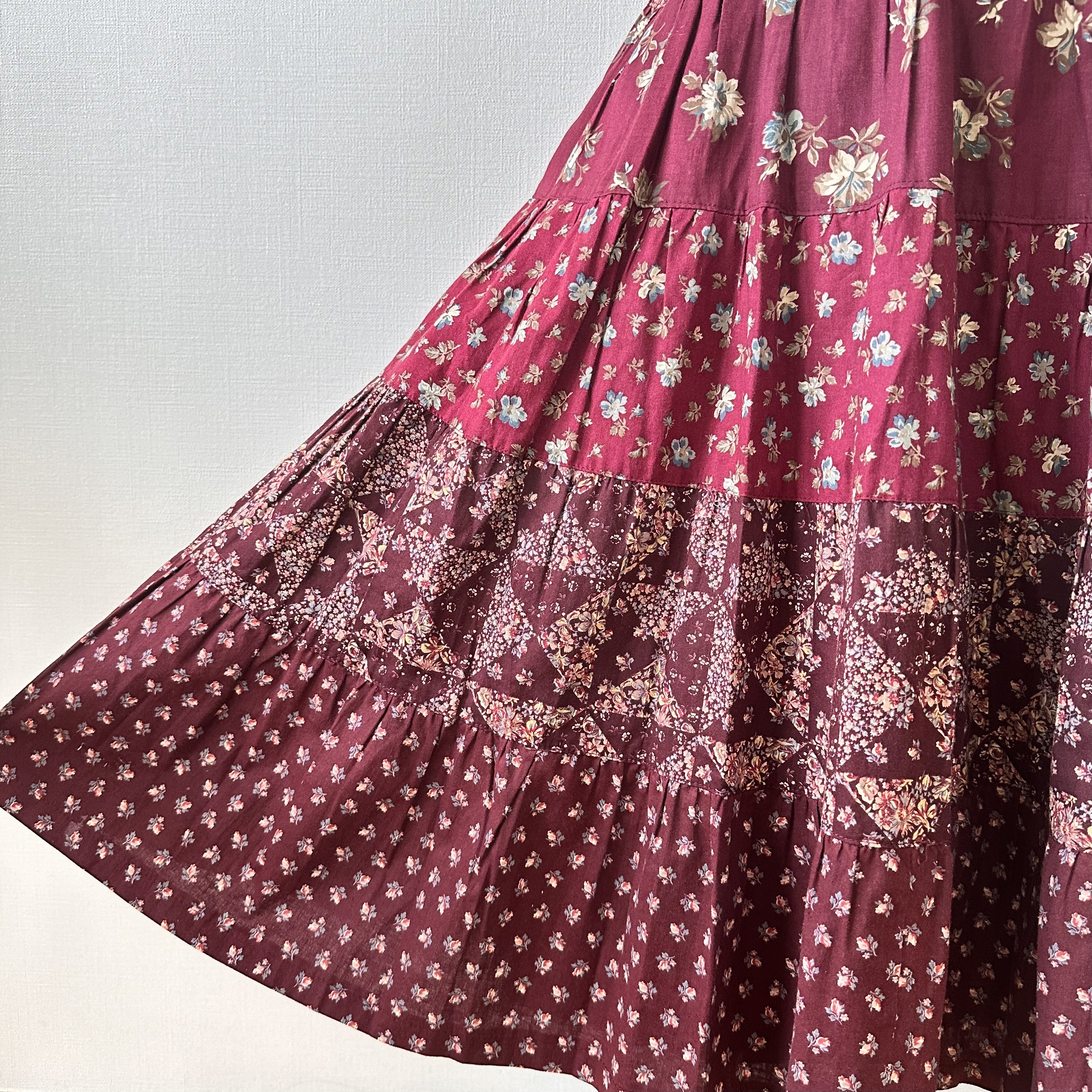 酒紅色民族風拼布傘裙