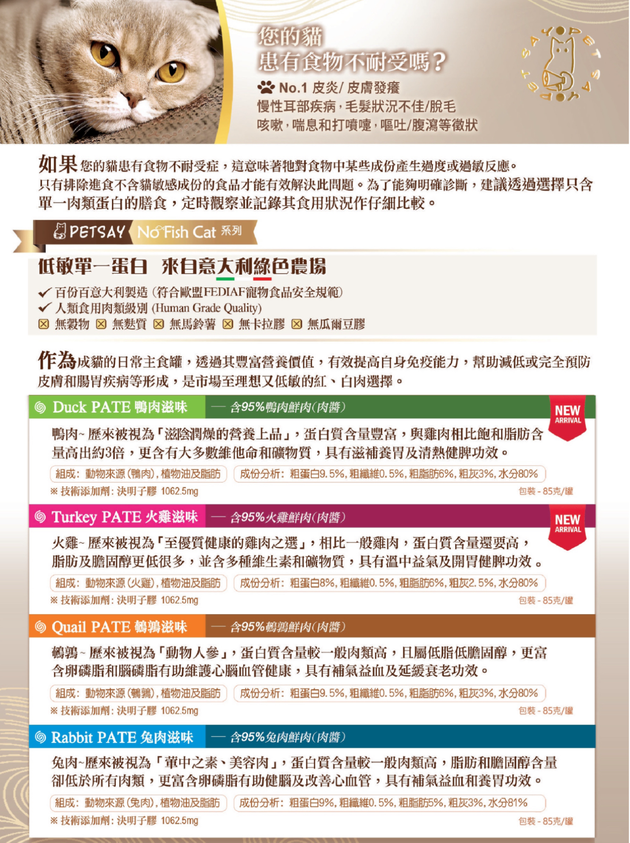 No Fish Cat 貓罐頭主食罐系列（兔肉/火雞/鵪鶉/鴨肉）85g **任選24罐平均約$12/罐**