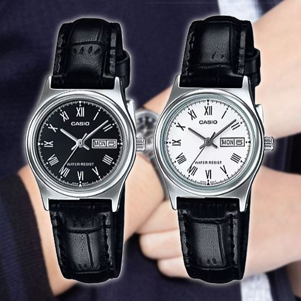 【CASIO 卡西歐】LTP-V006L 俐落簡潔 商務時尚 星期日期 羅馬字 皮革錶帶 對錶 腕錶 手錶