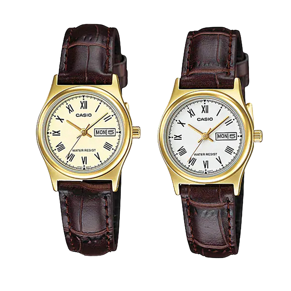 【CASIO 卡西歐】LTP-V006GL 復古時尚 星期日期 簡潔優雅 金框皮革 石英腕錶 對錶小款 女錶