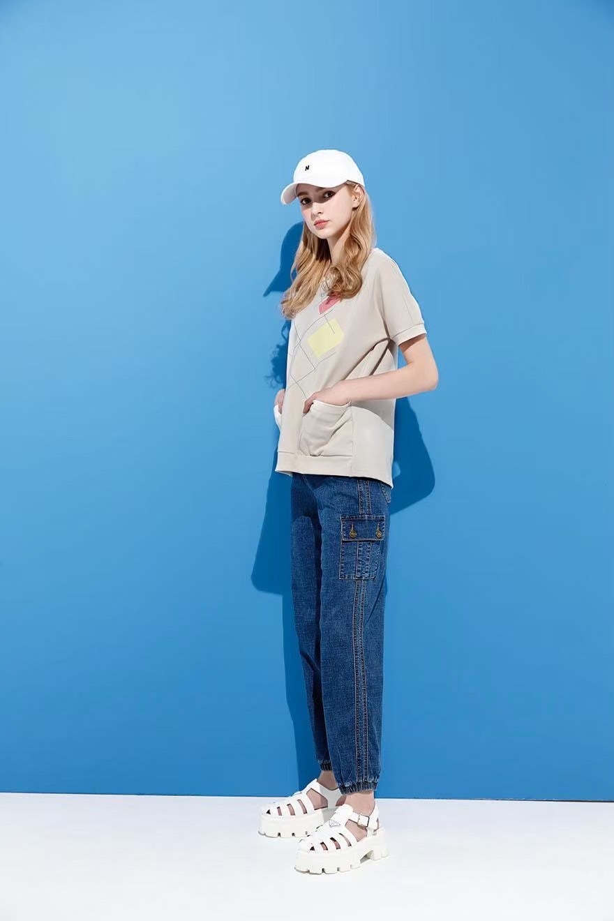 韓潮流時尚工裝貼口袋褲管縮口造型九分牛仔褲U6121