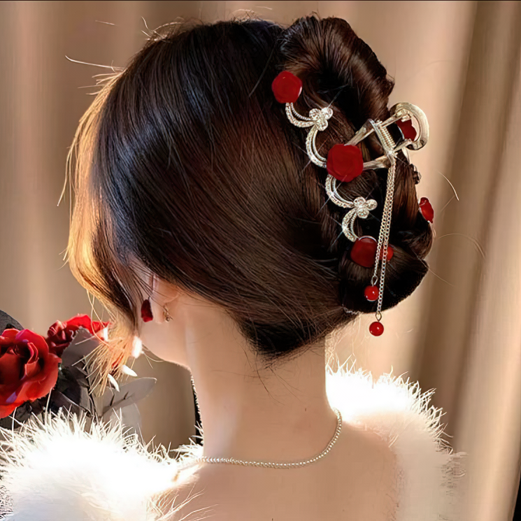 Elegant Red Rose Tassel Updo Hair Claw