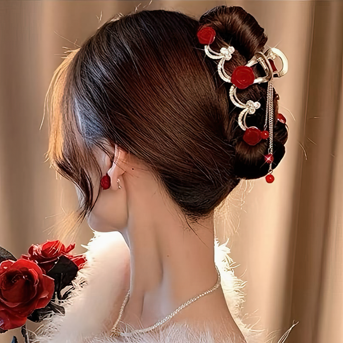 Elegant Red Rose Tassel Updo Hair Claw
