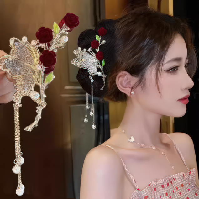 Vintage Red Rose Butterfly Tassel Hair Claw