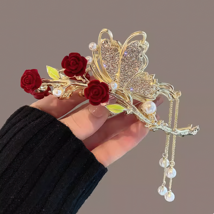 Vintage Red Rose Butterfly Tassel Hair Claw