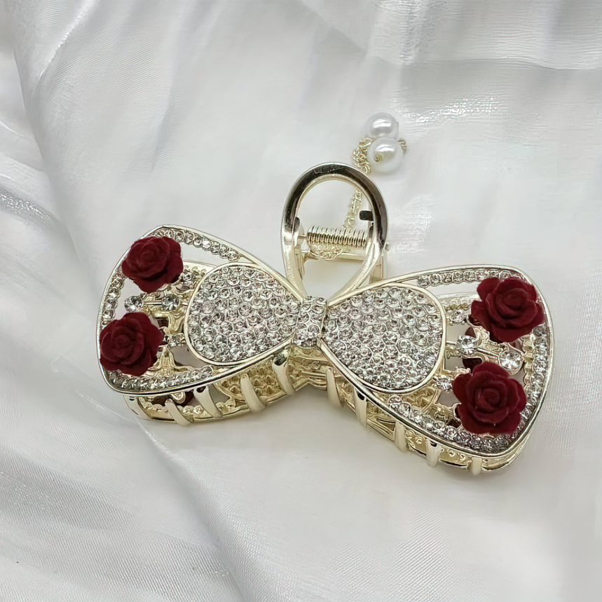 Luxurious Red Rose Bow Tassel Hair Claw