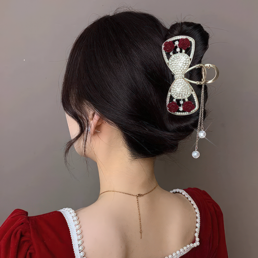 Luxurious Red Rose Bow Tassel Hair Claw