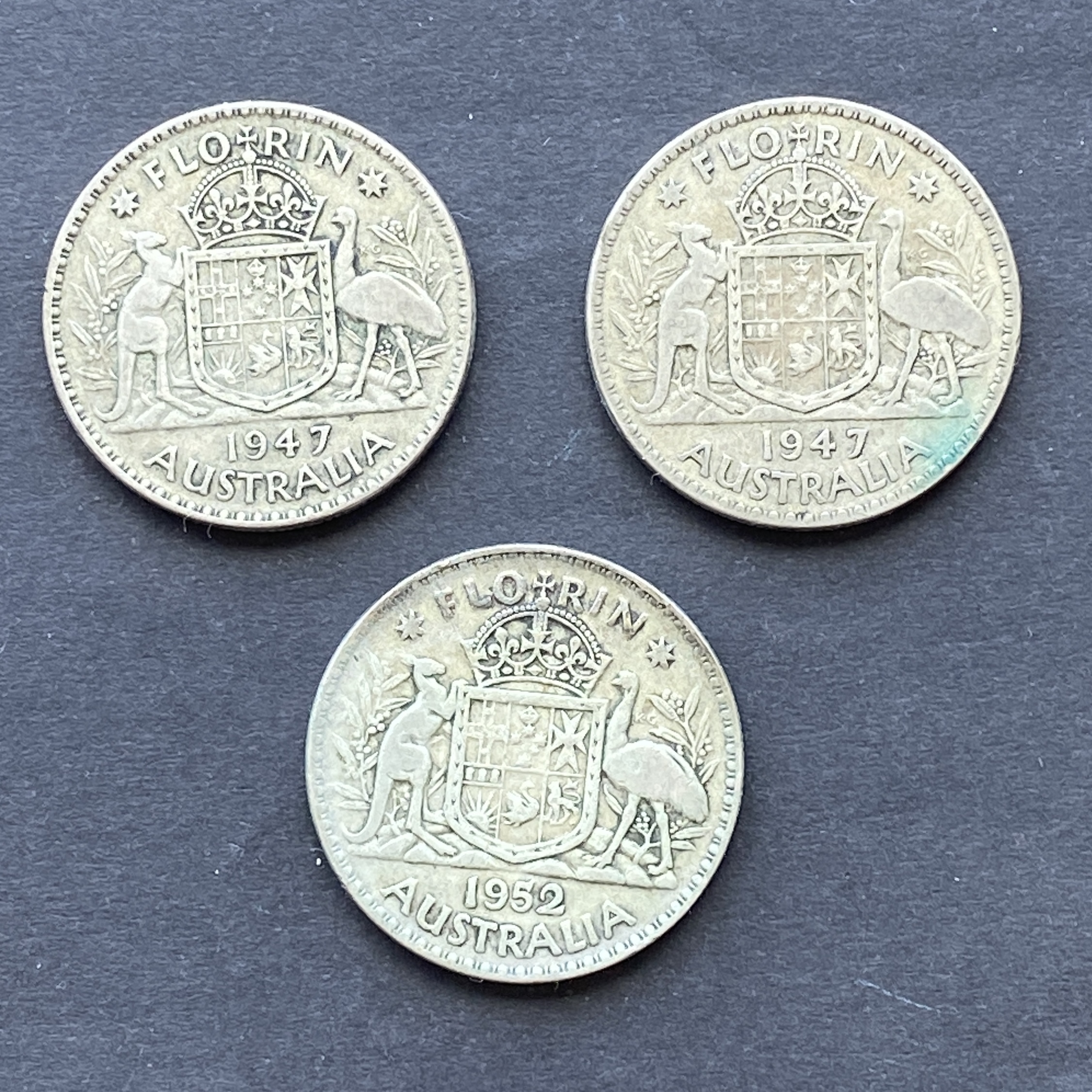 1947 and 1952 Australia George IV one Florin 3 silver coins (50% silver)