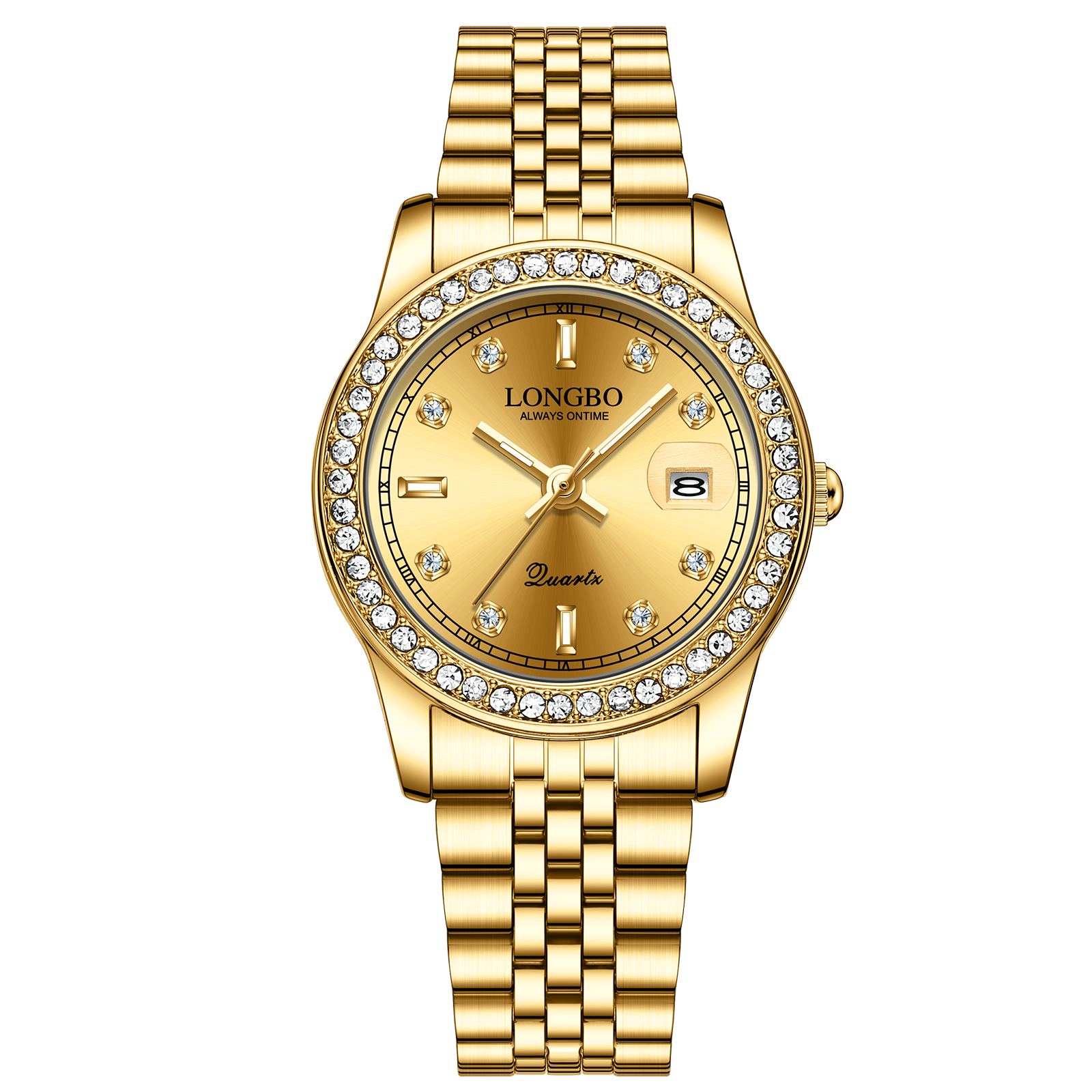 【Longbo 朗博】晶鑽錶圈時標 帶日期 不鏽鋼女款石英錶