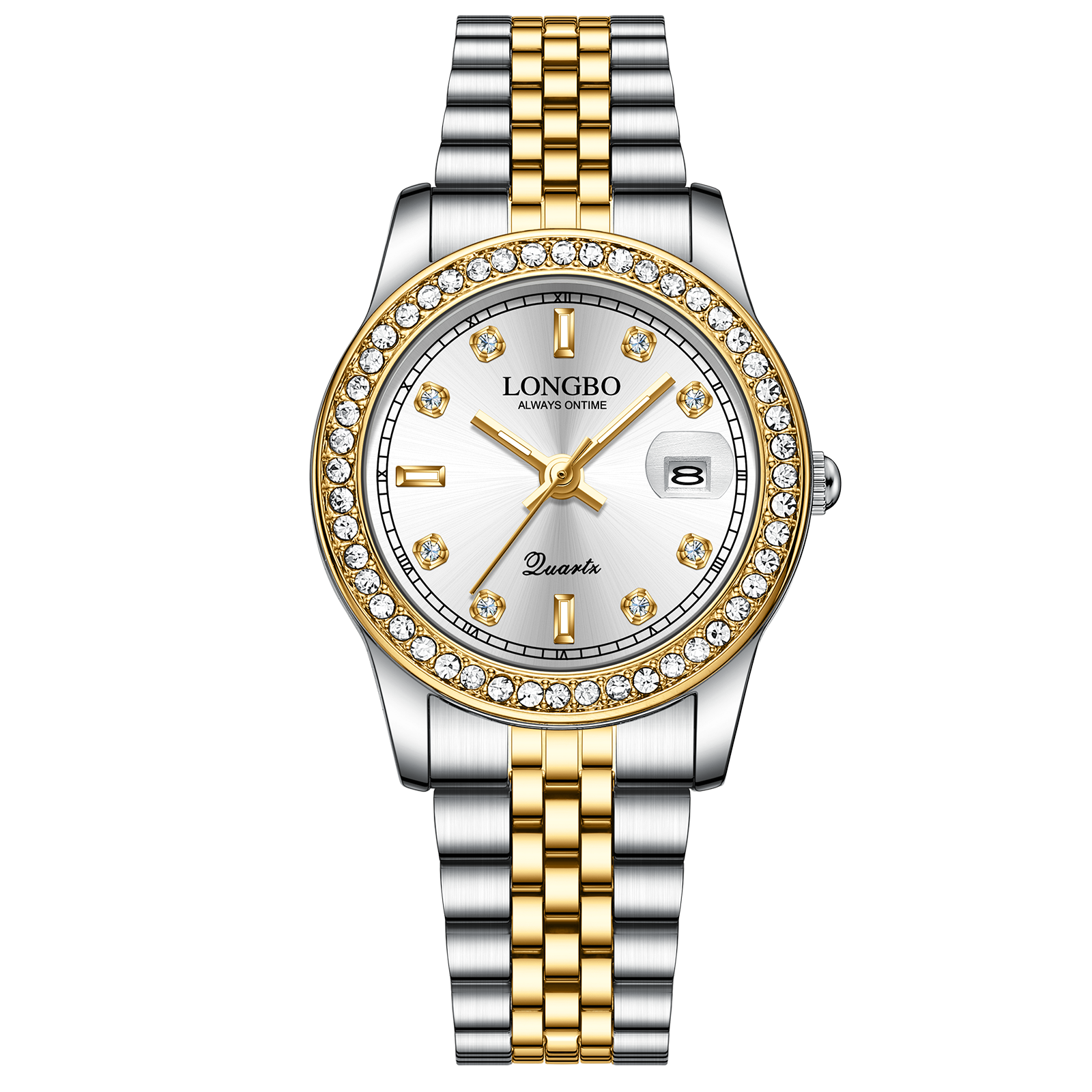 【Longbo 朗博】晶鑽錶圈時標 帶日期 不鏽鋼女款石英錶