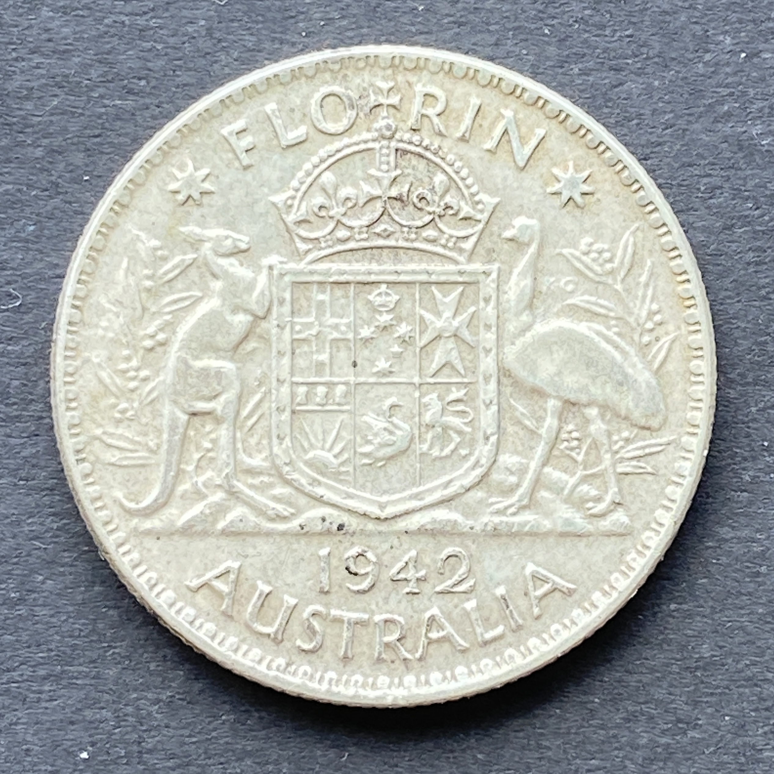 1942 Australian George VI, 1 Florin silver coin (92.5% silver)