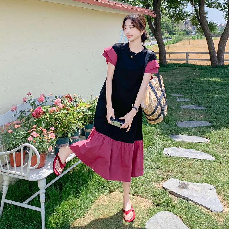 Sand Dress 兩色短袖拼接修腰連身裙 - Beige Black 米黑色 (CB537)