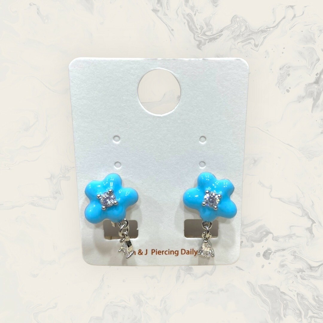 韓國直送-夾式  立體中鋯小藍花吊水滴鋯 鍍14K