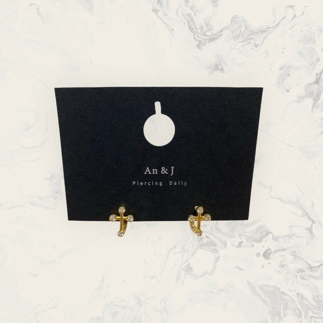 韓國直送-鋼針 易扣 四白鋯十字架 鍍14K