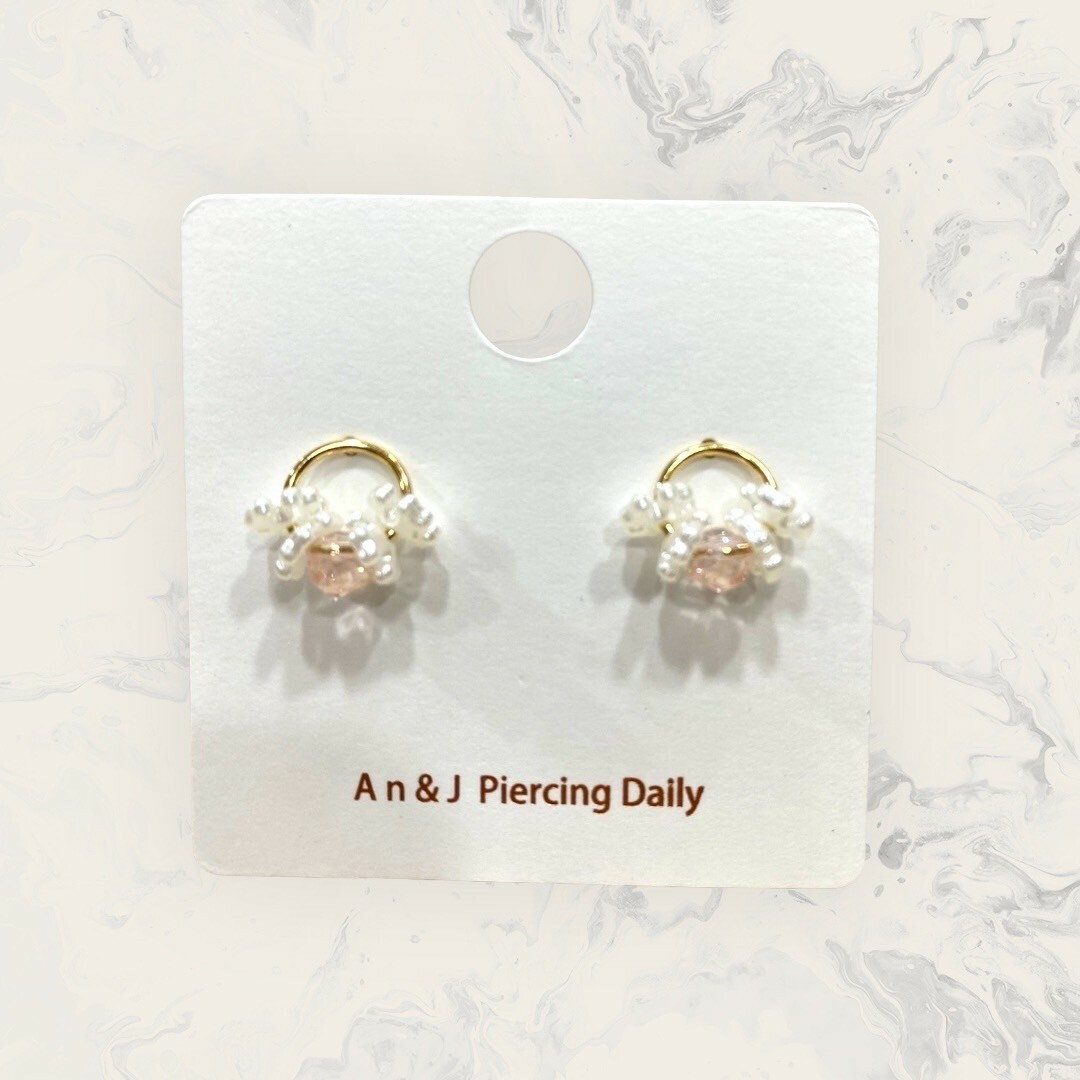 韓國直送-鋼針 金圓框中串珍珠圈+方晶