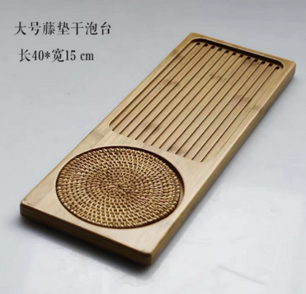 爆款竹製長方托盤竹茶盤（大号茶盘40*15cm＋藤垫）