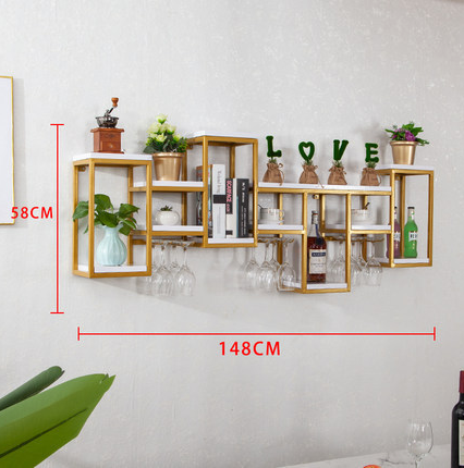 Popular iron wall wine rack wine glass rack kitchen cup rack (gold + white plate, 148*20*58cm)