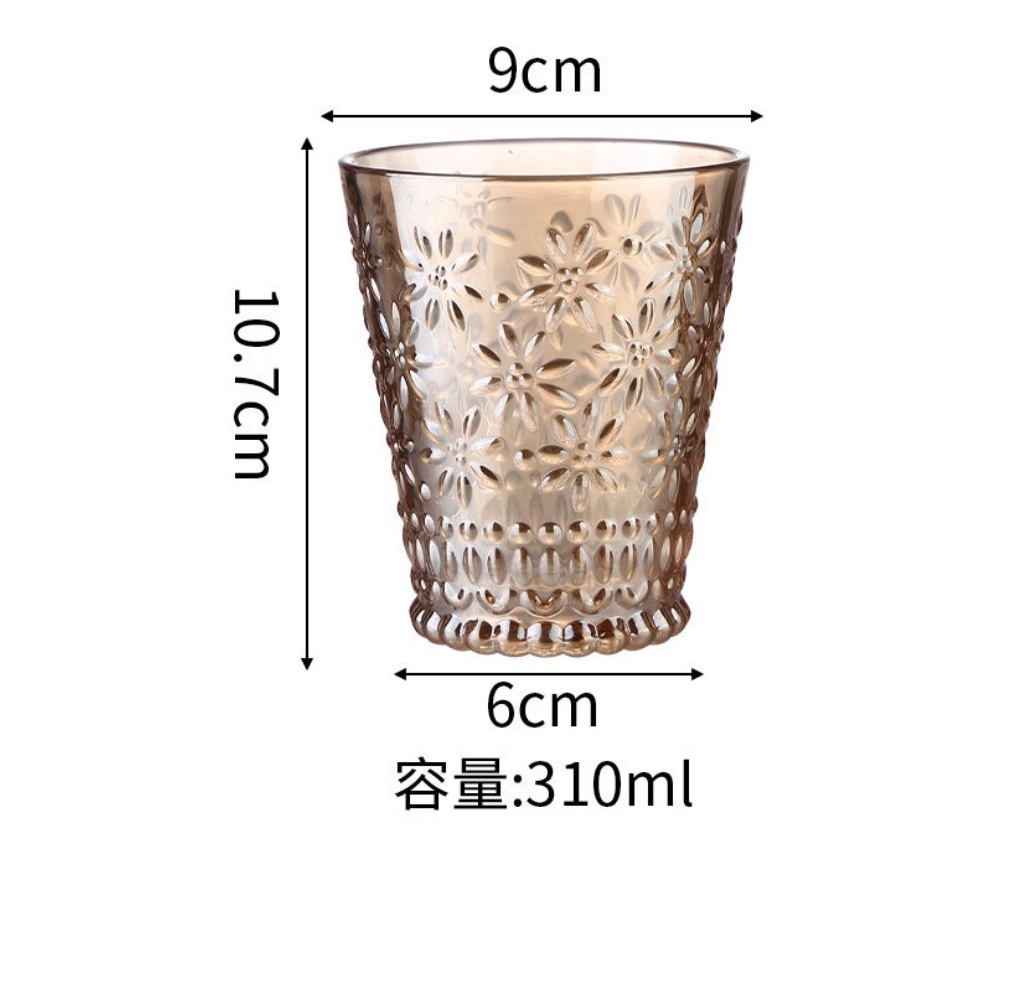 熱賣復古浮雕玻璃水杯透明果汁咖啡杯子（琥珀-雕花杯-【2個裝】）