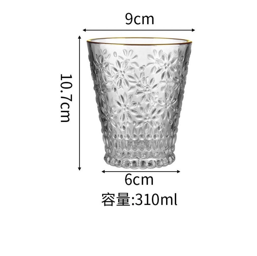 熱賣復古浮雕玻璃水杯透明果汁咖啡杯子（金邊-雕花杯-【2個裝】）
