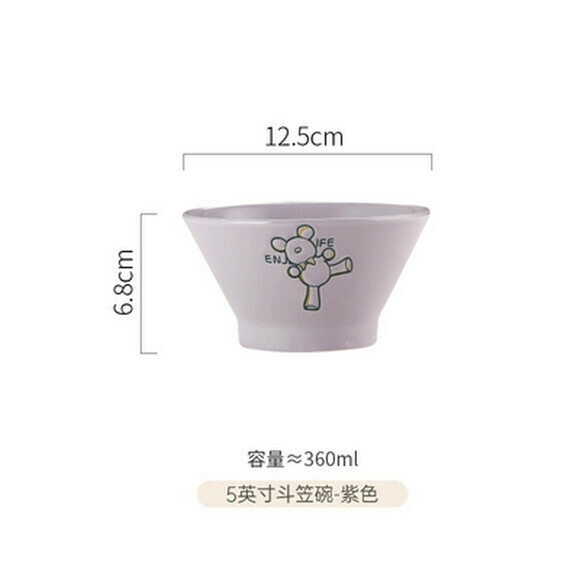 Hot recommended ceramic bowl and dish set bowl cartoon deep dish household dish plate square plate creative rice bowl (Little Bear 5-inch bamboo hat bowl (purple))