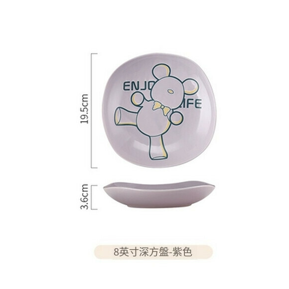 Hot recommended ceramic bowls and dishes set bowls and plates cartoon deep dish household dish plate square plate creative rice bowl (Little Bear 8-inch square plate (purple))