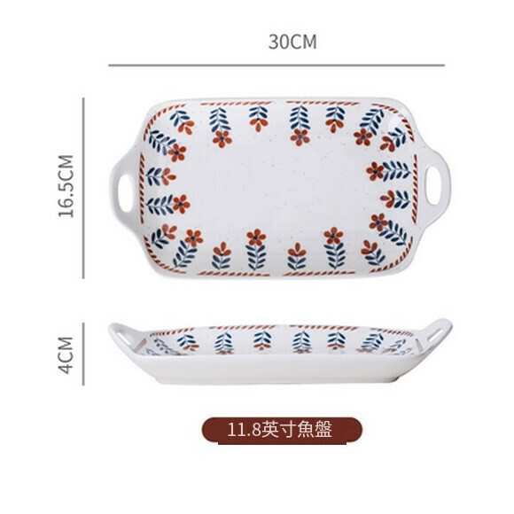 Hot recommended ceramic tableware, household dish plate, steamed fish plate, internet celebrity plate, fruit plate, personalized bowl and plate (12-inch double-eared fish plate)