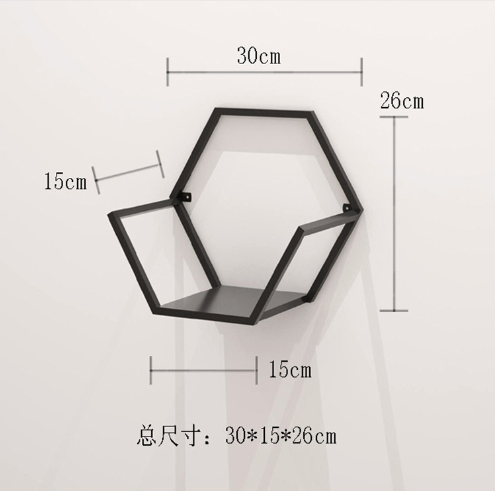 新款鐵藝牆上置物架書架花架（黑色，六邊形30*15*26cm)