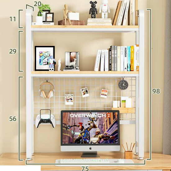 New multifunctional storage rack, bookshelf, flower rack [suitable for small table type] 75cm double-layer white shelf [wrought iron hole board] + hook]