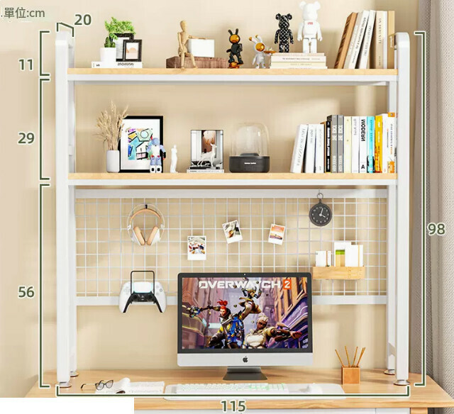 New multifunctional storage rack, bookshelf, flower rack [115cm double-layer white shelf [wrought iron hole board] + hook]