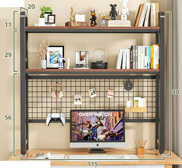 New multifunctional storage rack, bookshelf, flower rack [115cm double-layer black shelf [wrought iron hole board] + hook]