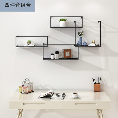 New iron wall storage shelf bookshelf flower rack (black four-piece set)