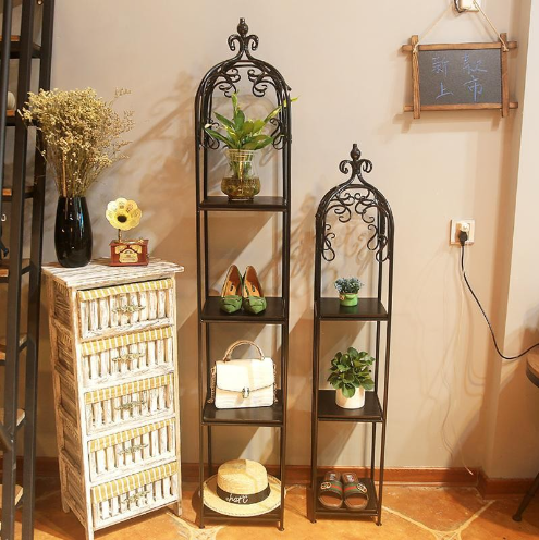 New iron art solid wood floor-standing flower pot rack storage rack display rack (black, solid wood three or four layers, 1 set, 30*30*170cm)
