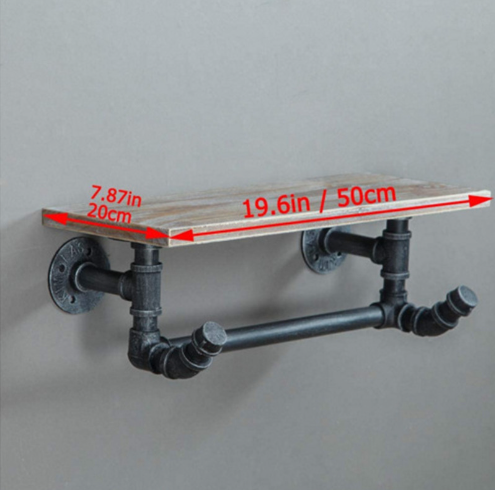 New iron wall-mounted towel rack partition storage rack (retro black with wooden board, 50*20cm)