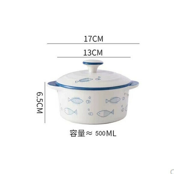 Hotly recommended ceramic steamed egg bowl, baby small bowl with lid, steamed rice bowl, stew pot, children's steamed egg custard bowl (medium blue fish bowl with lid (500ml))